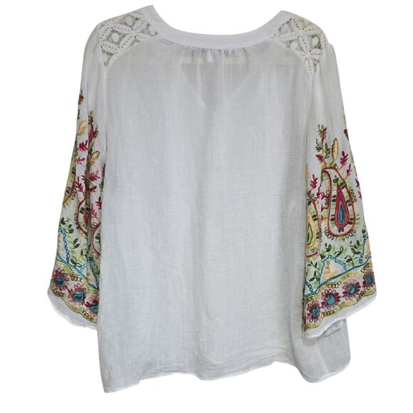 Womens 1X Embroidered Sleeves Bohemian Gauzy Sheer Fairy Resort Lace White Top - Picture 2 of 12